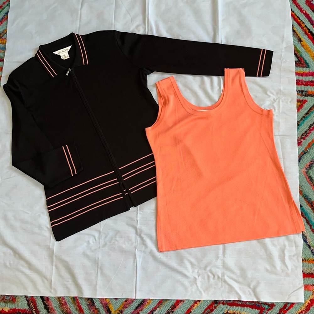 Misook 2 piece Cardigan Twinset Tank Size Small Excellent Condition Peach/black